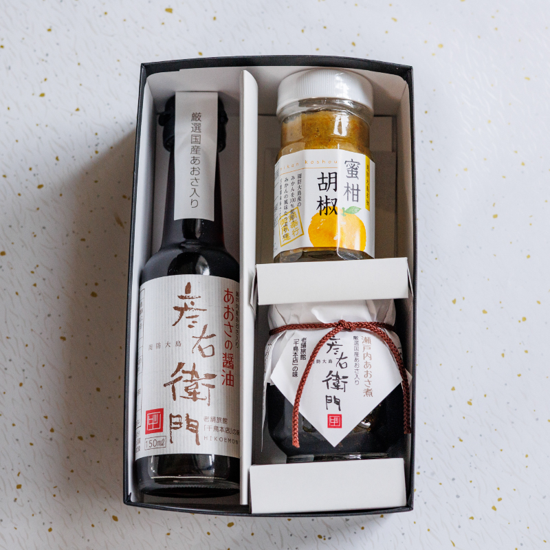 【送料無料】あおさ醤油・あおさ煮・蜜柑胡椒 ギフト3点セットの画像