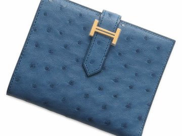 HERMES-エルメス 二つ折り財布 ベアンコンパクト ブルー／ゴールド金具 オーストリッチ　の画像