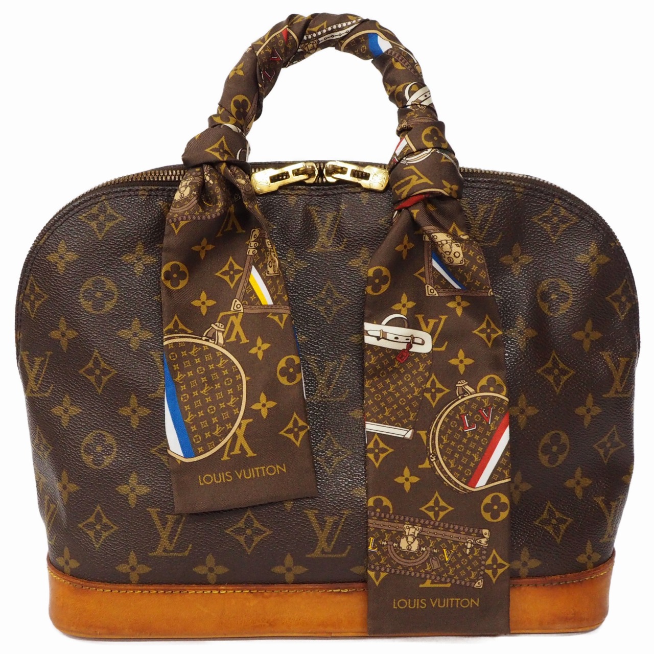 【中古】【非常に良い】 LOUIS VUITTON ルイ・ヴィトン バンドー・モノグラム ツイリー スカーフ ヘアバンド トランク柄 モノグラムロゴ シルク 茶の画像