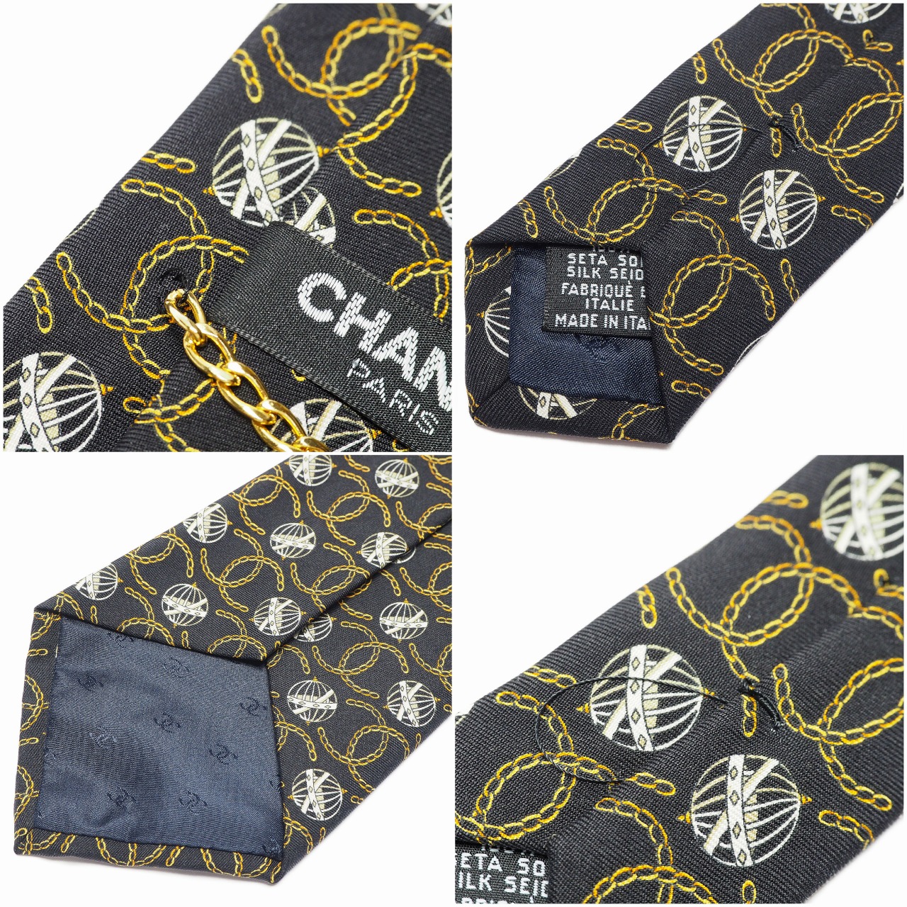 【中古】【非常に良い】 CHANEL シャネル ココマーク シルクネクタイ チェーン付き 総柄 ブラック/ゴールドの画像