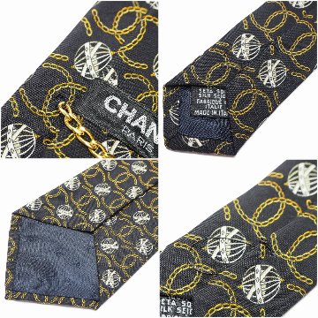 【中古】【非常に良い】 CHANEL シャネル ココマーク シルクネクタイ チェーン付き 総柄 ブラック/ゴールドの画像